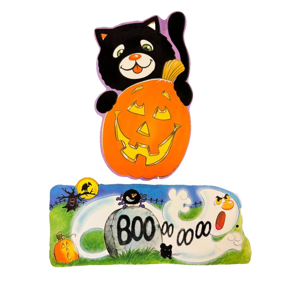 Vintage‎ Eureka Die Cut Sign Lot Halloween Flocked Felt Jack O Lantern Cat Ghost